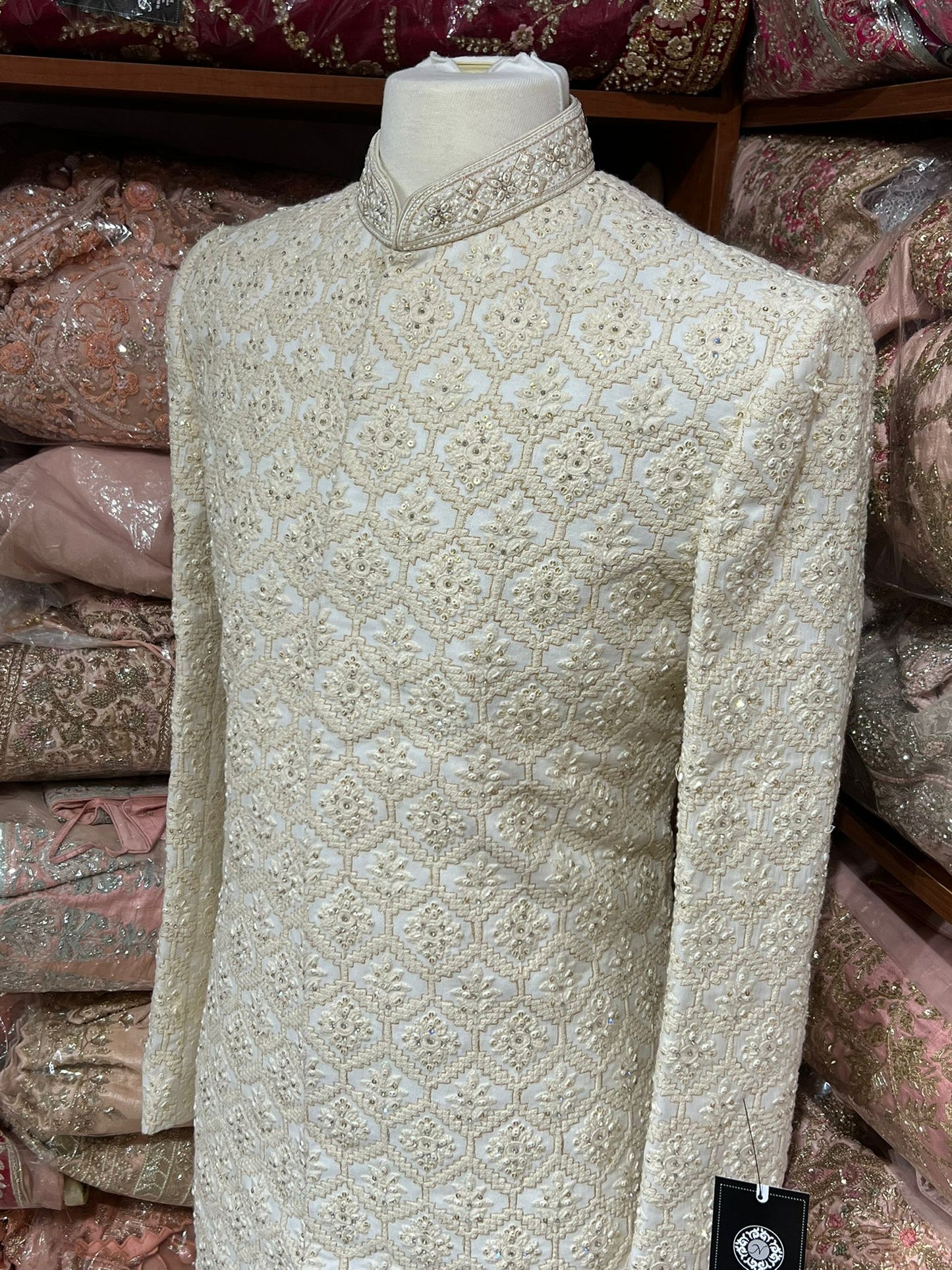 Pearl White Thread Embroidered Sherwani- R14-N85