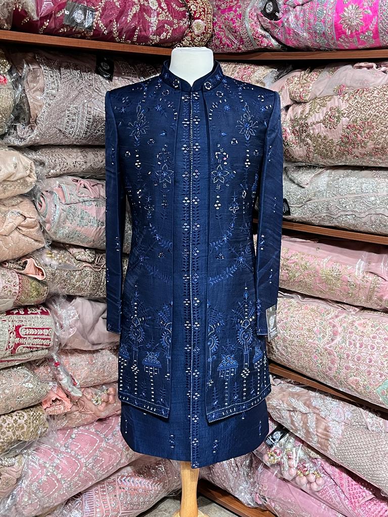 Midnight Blue Mirror Embroidered Sherwani-S13-403