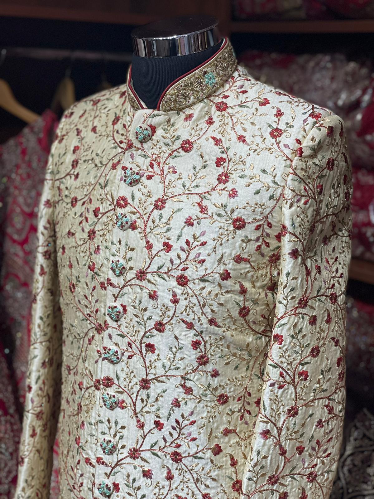 Ivory Cream Thread Embroidered Sherwani- S1181