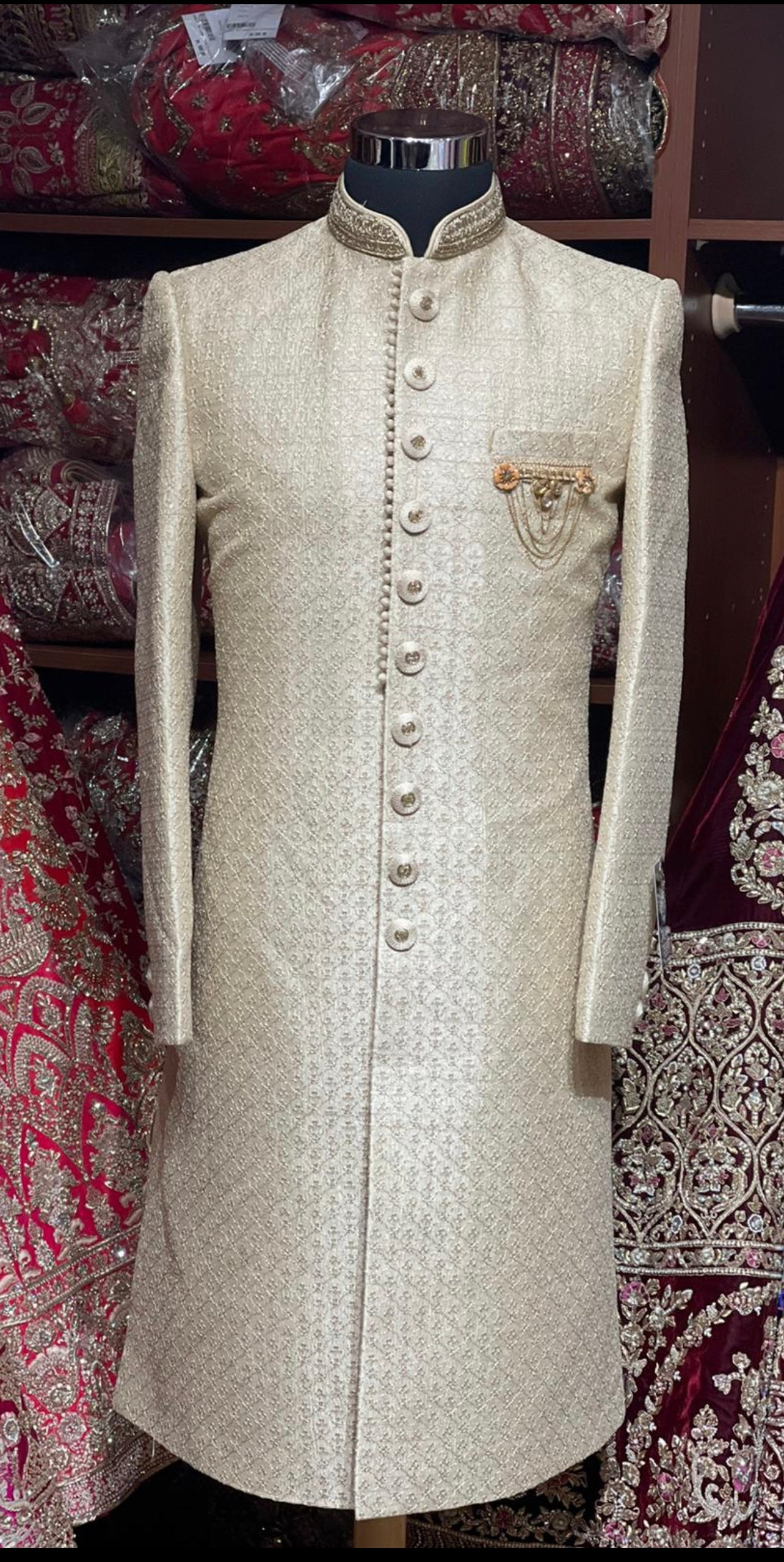 Sand Cream Thread Embroidered Sherwani- 1276