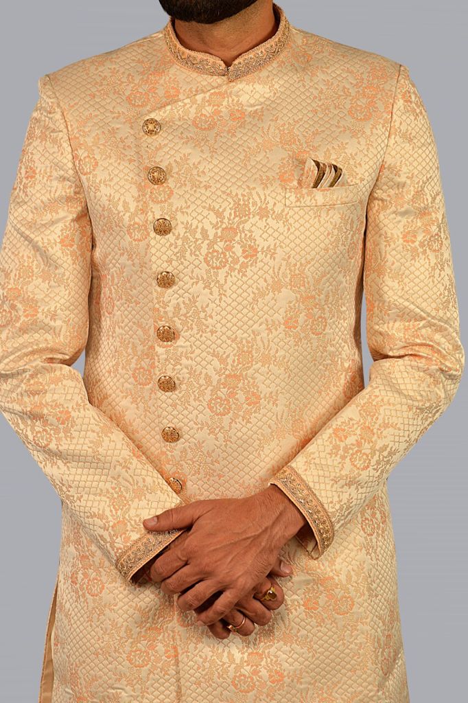 Peach Orange Silk Woven Brocade Sherwani