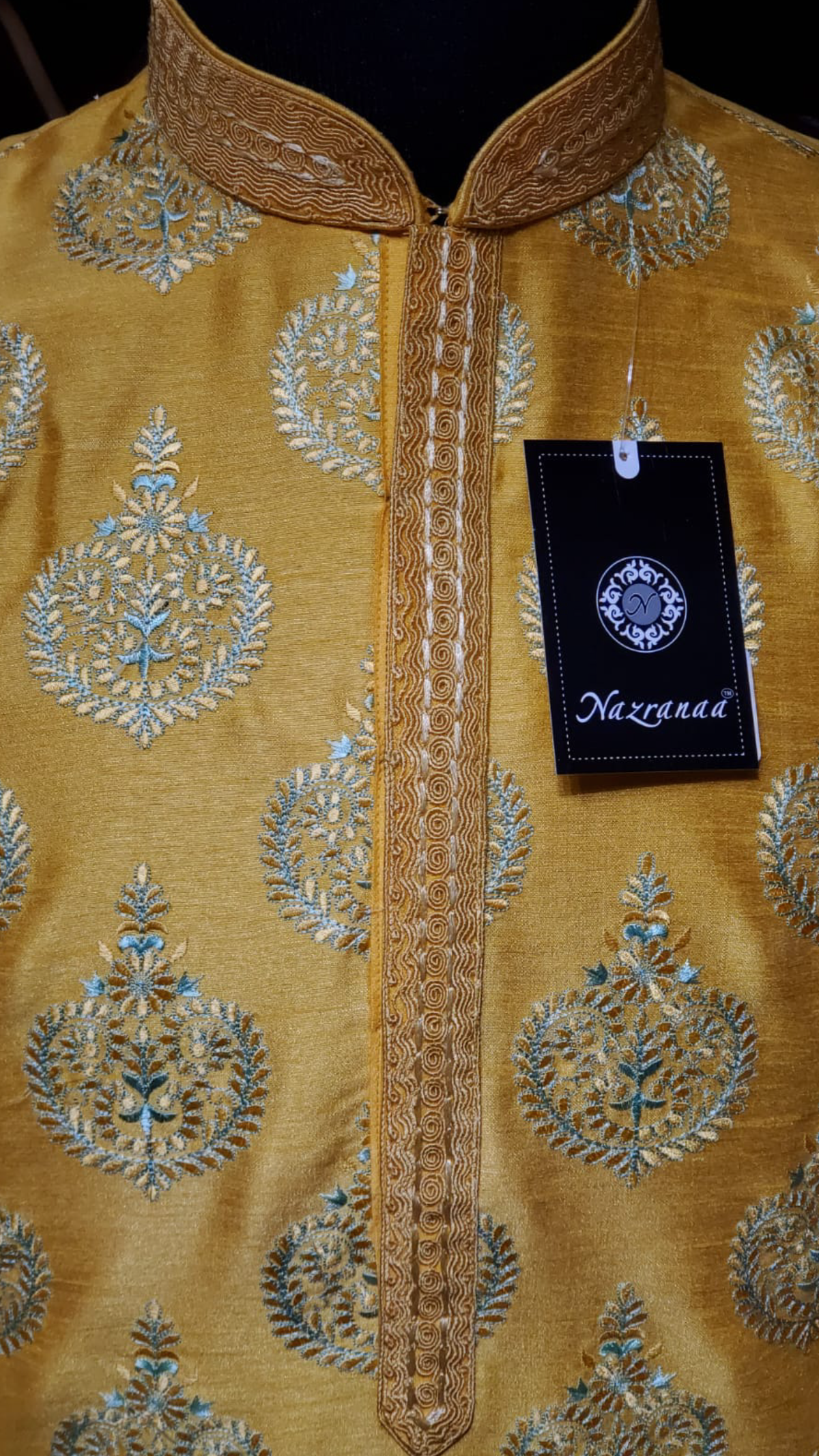 Marigold Orange and Mint Green Kurta Pajama with Crest Embroidery