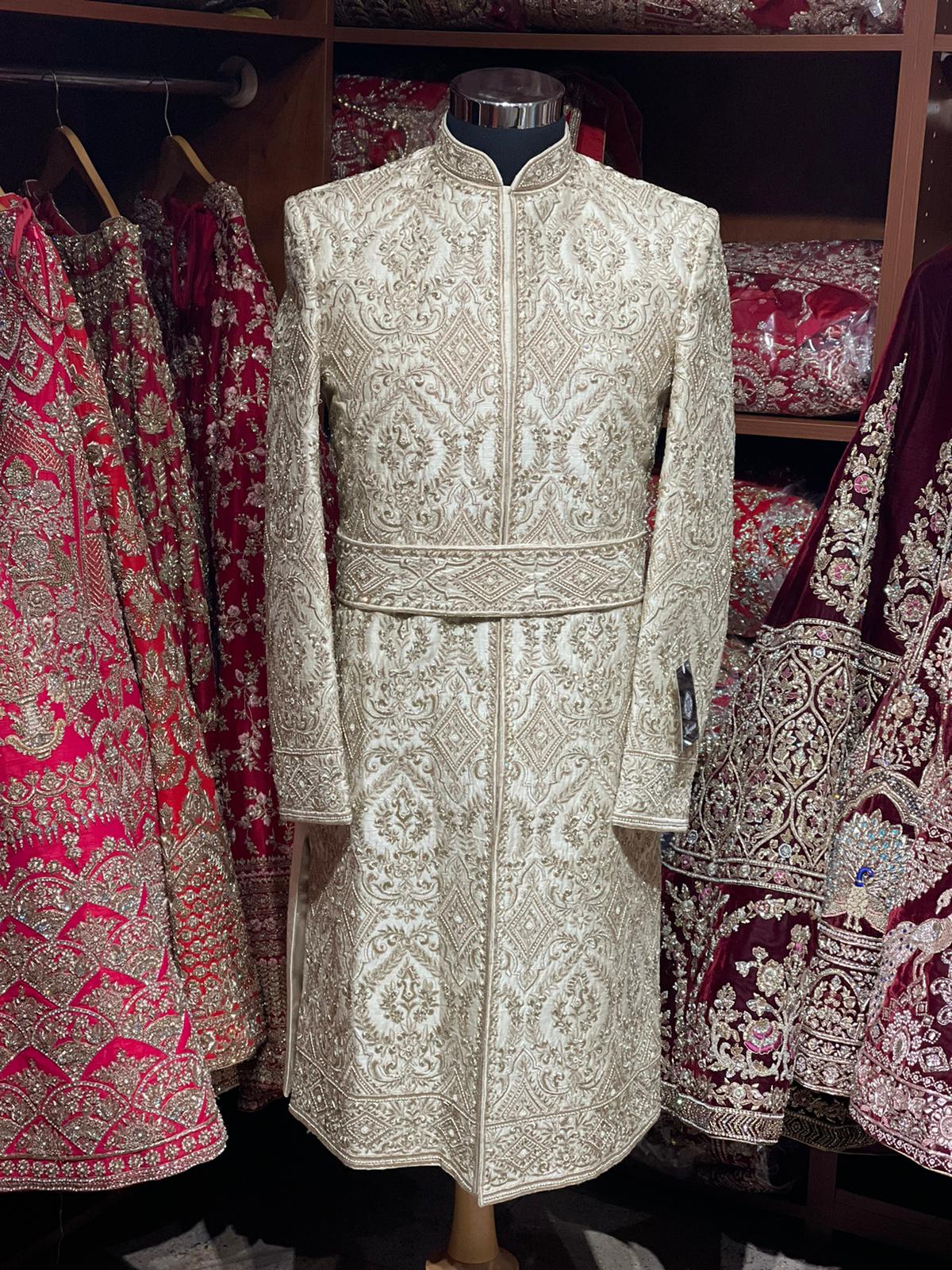 Cream Resham Embroidered Royal Sherwani- 921