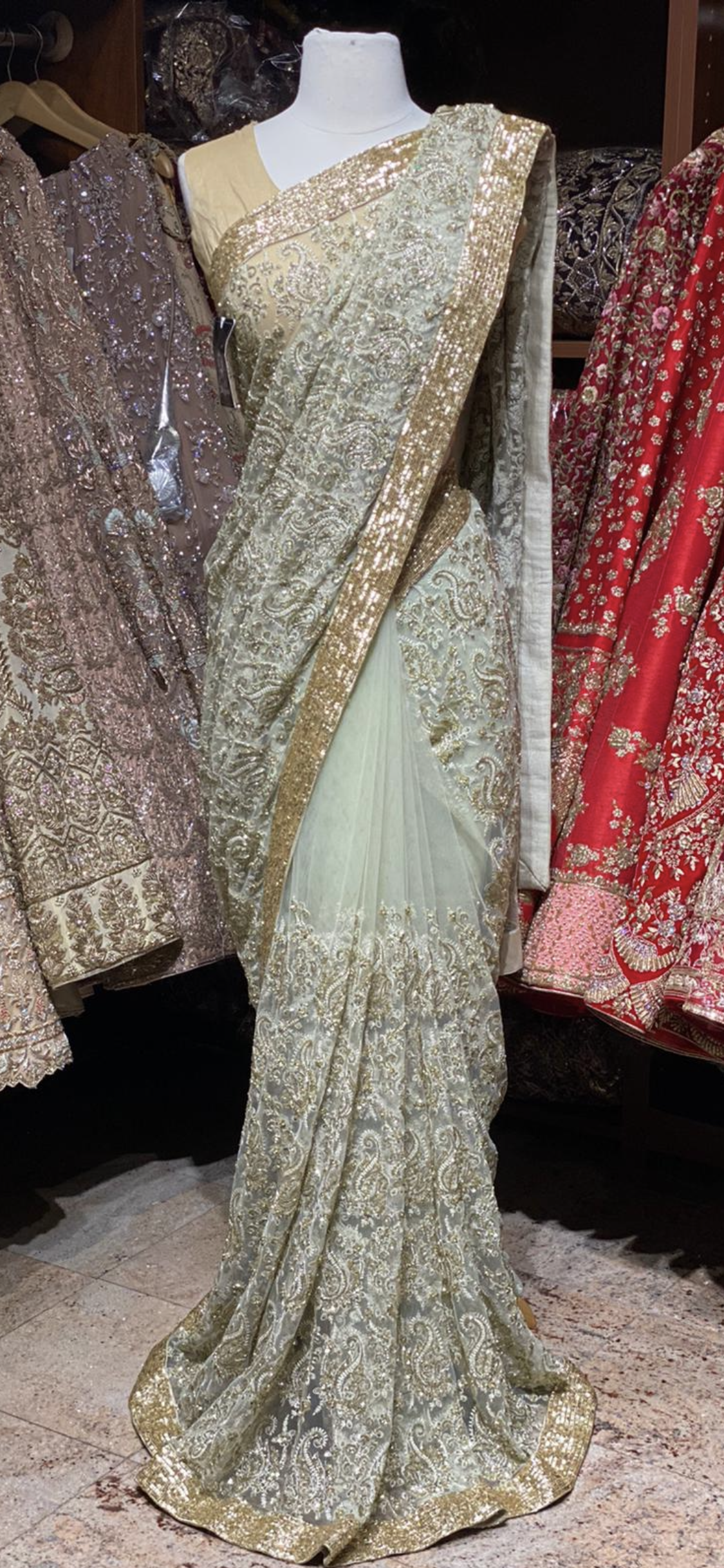 Sage Green Net Saree with Sequin and Cut Dana Embroidery