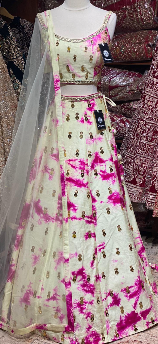 Dark Cream Tie & Dye Party Wear Lehenga PWL-057