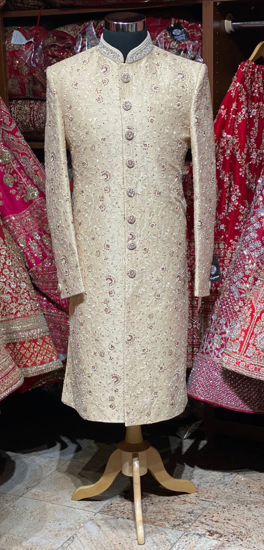 Beige Cream Thread Embroidered Sherwani-6170-A