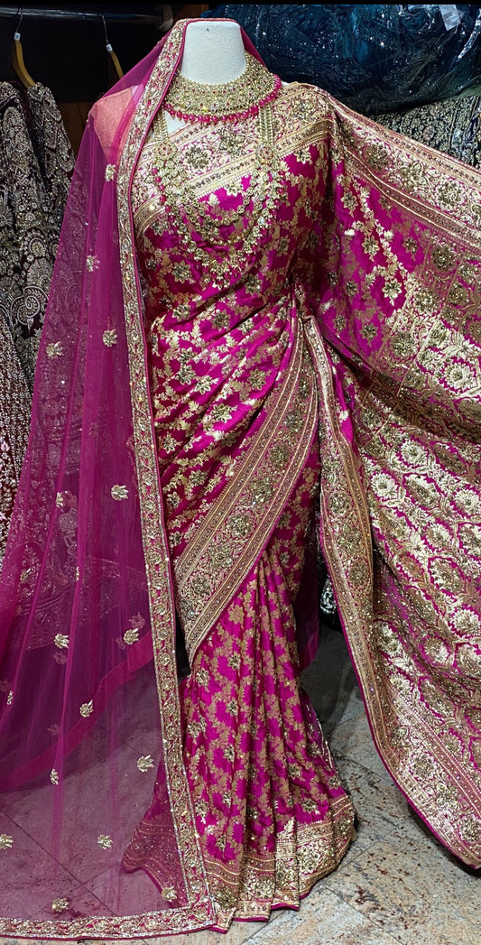 Hot Pink Pure Silk Banarasi Bridal Saree BBS-029