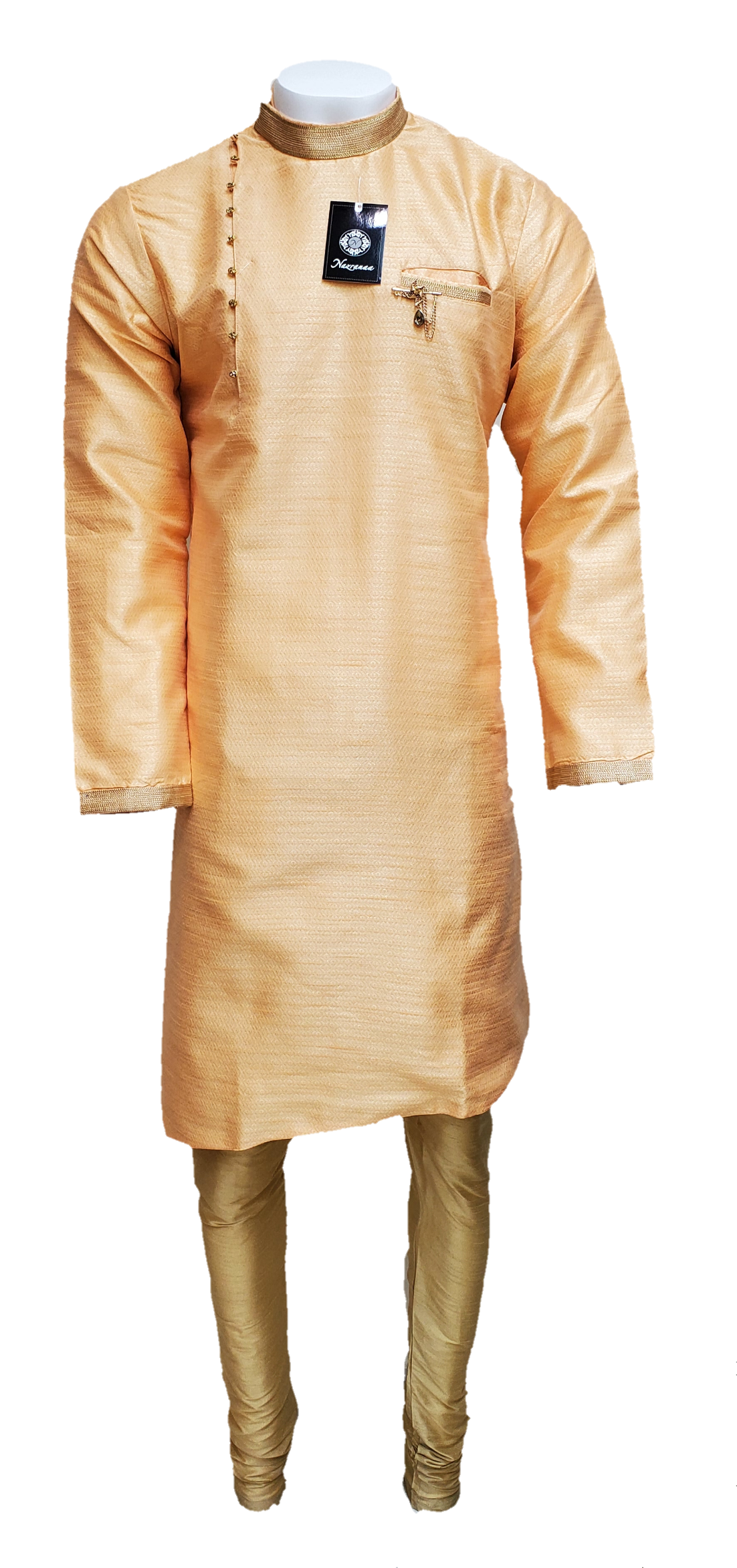 Peach Raw Silk Asymmetrical Kurta with Gold Churidar
