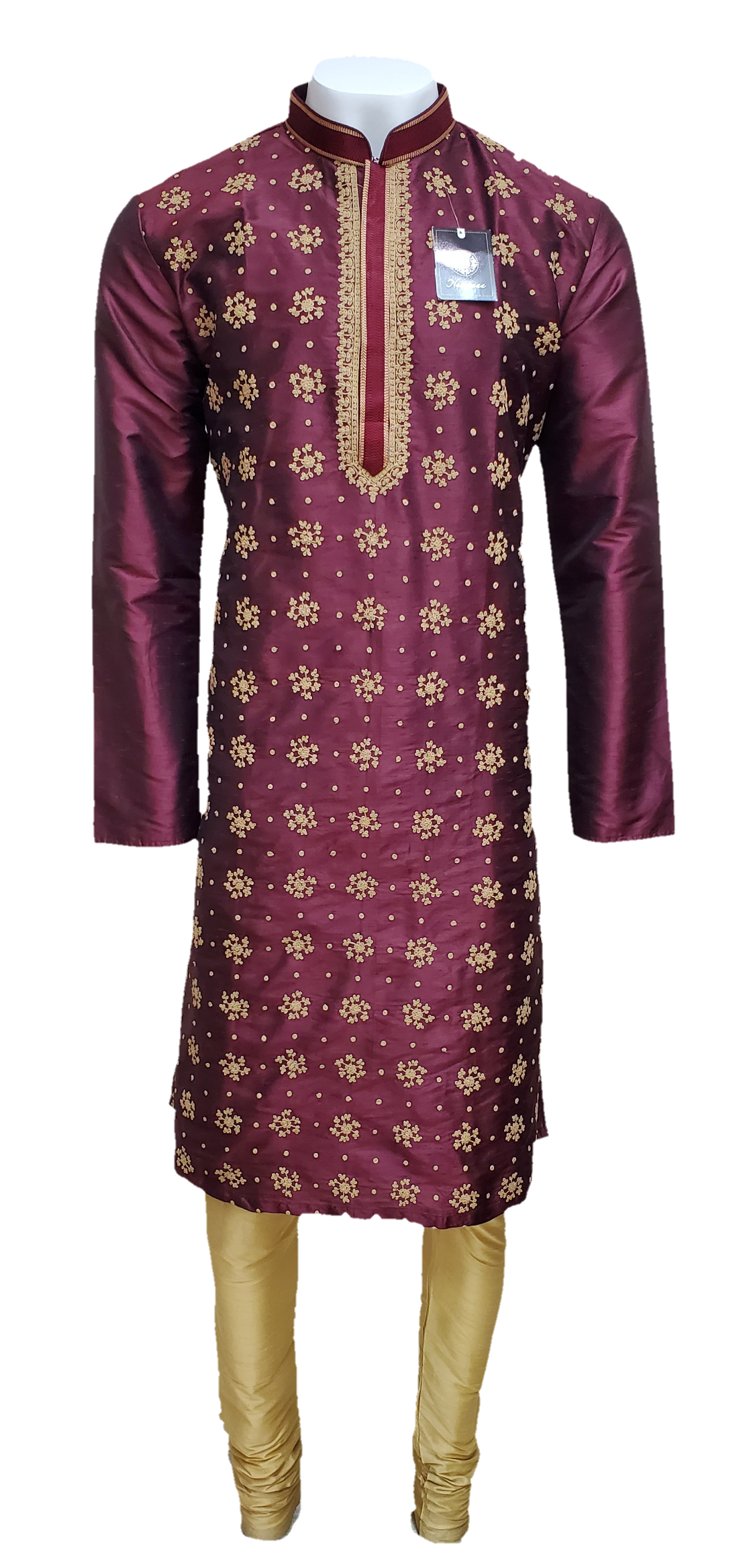 Maroon Raw Silk Kurta with Gold Bead Embroidery and Churidar
