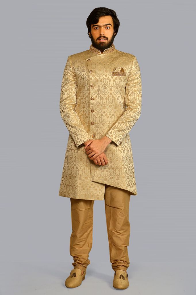 Gold Zari Woven Brocade Sherwani with Gold Pants