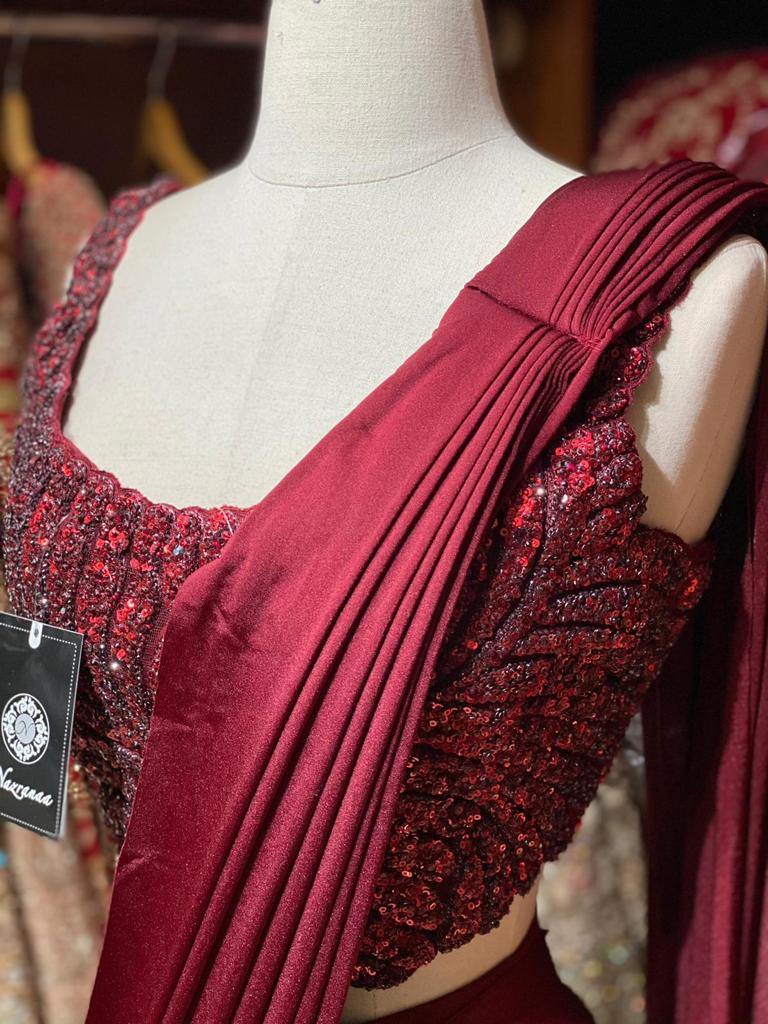 Wine Red Pre-Stitched Saree W/ Readymade Blouse PSS-21