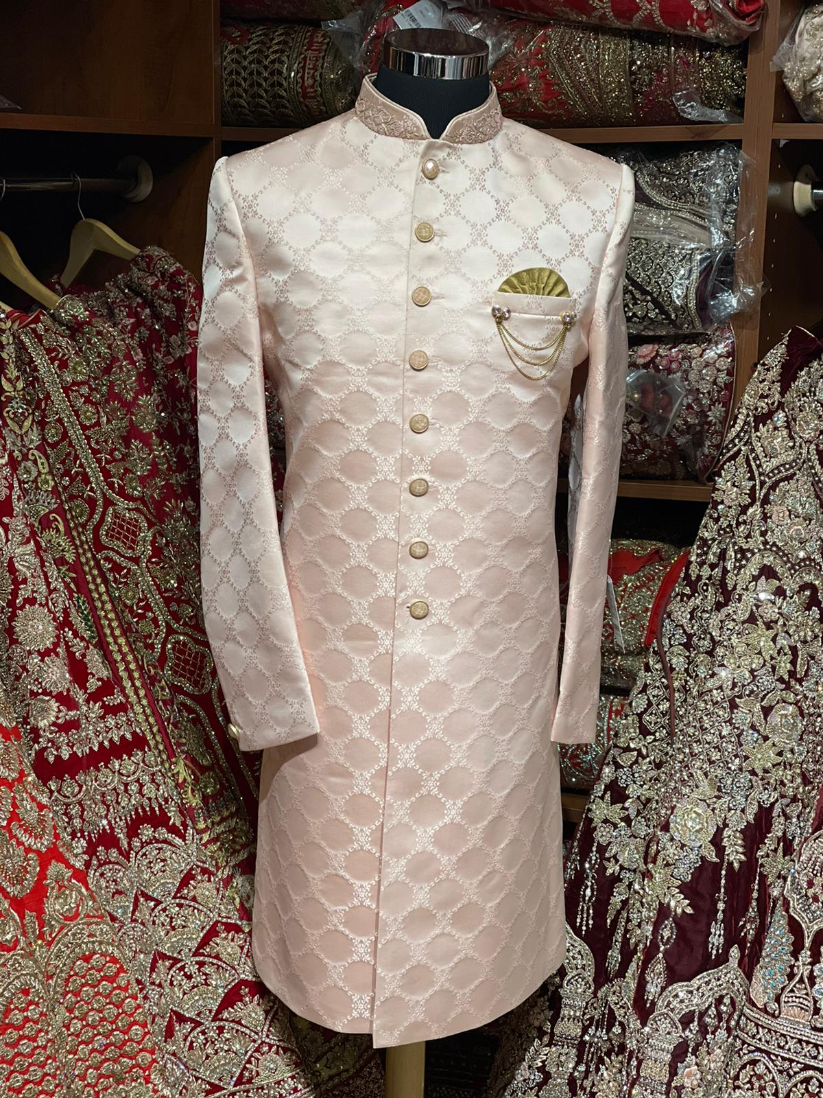 Coral Peach Thread Embroidered Sherwani- 1261