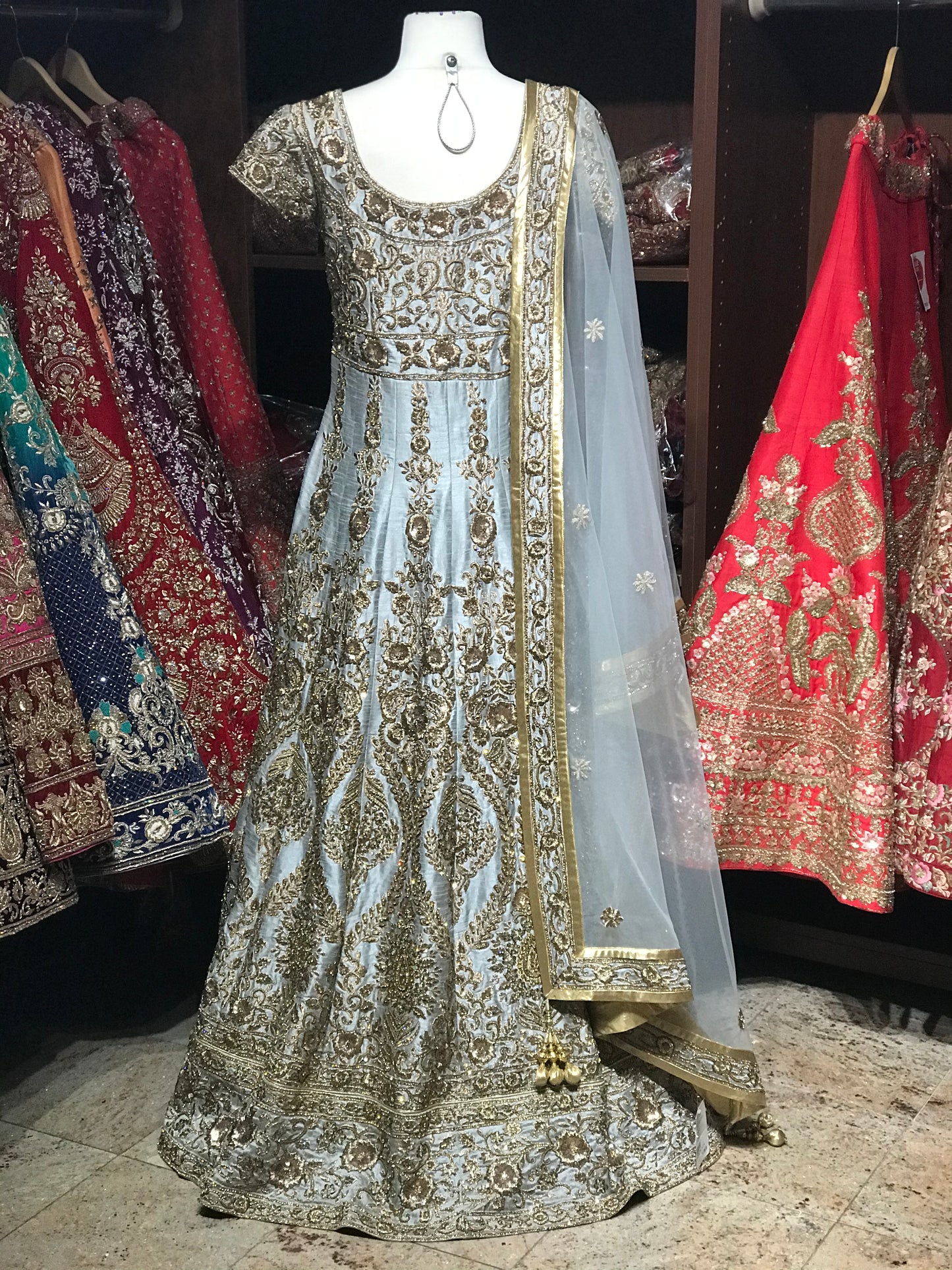 Grey Size 36 Raw Silk Anarkali