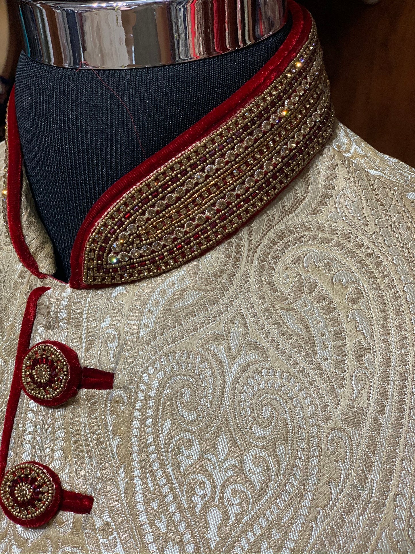 Gold Sherwani W/ Maroon Accents