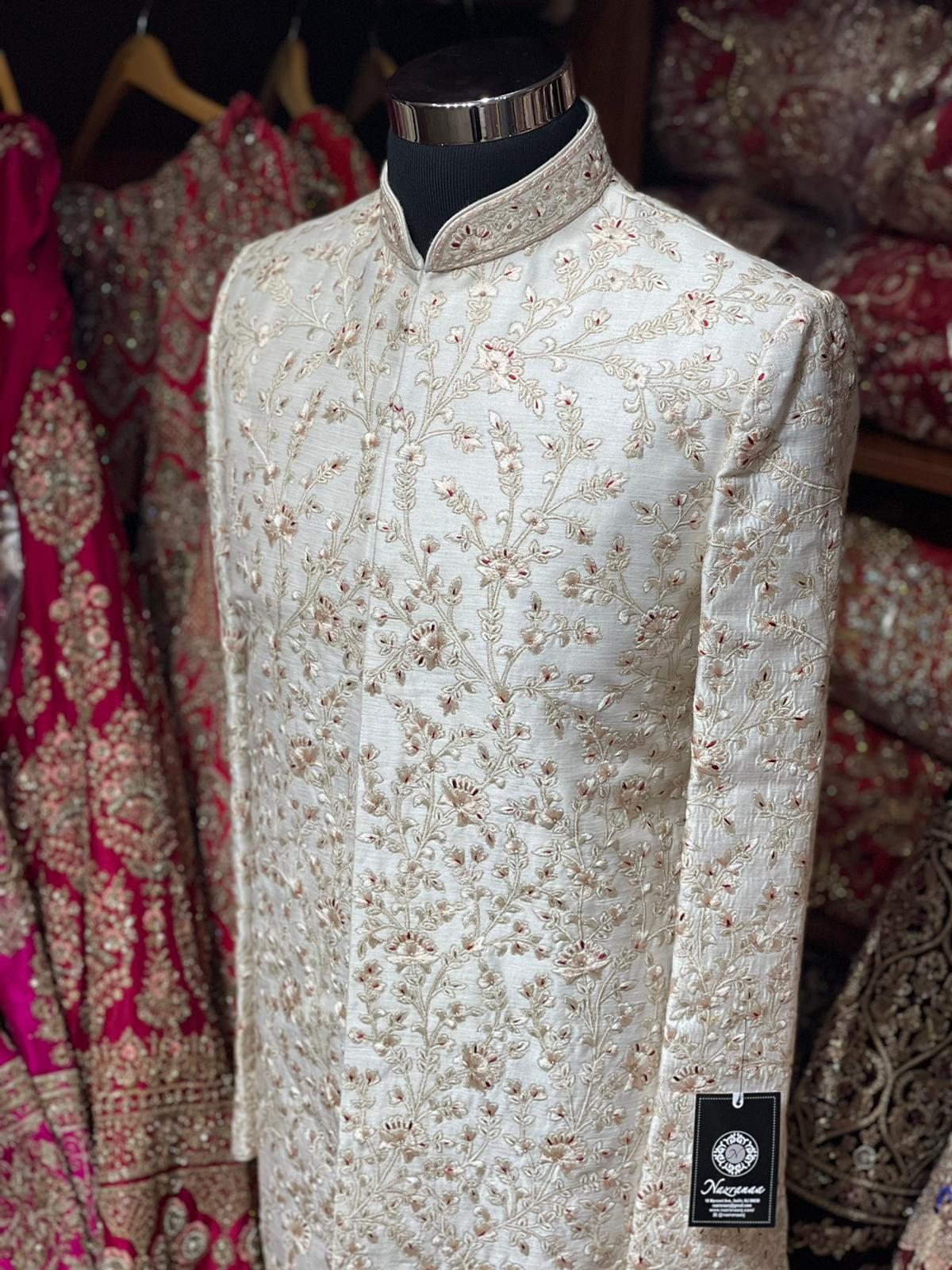 Ivory Cream Resham Thread Embroidered Sherwani-R14-N55