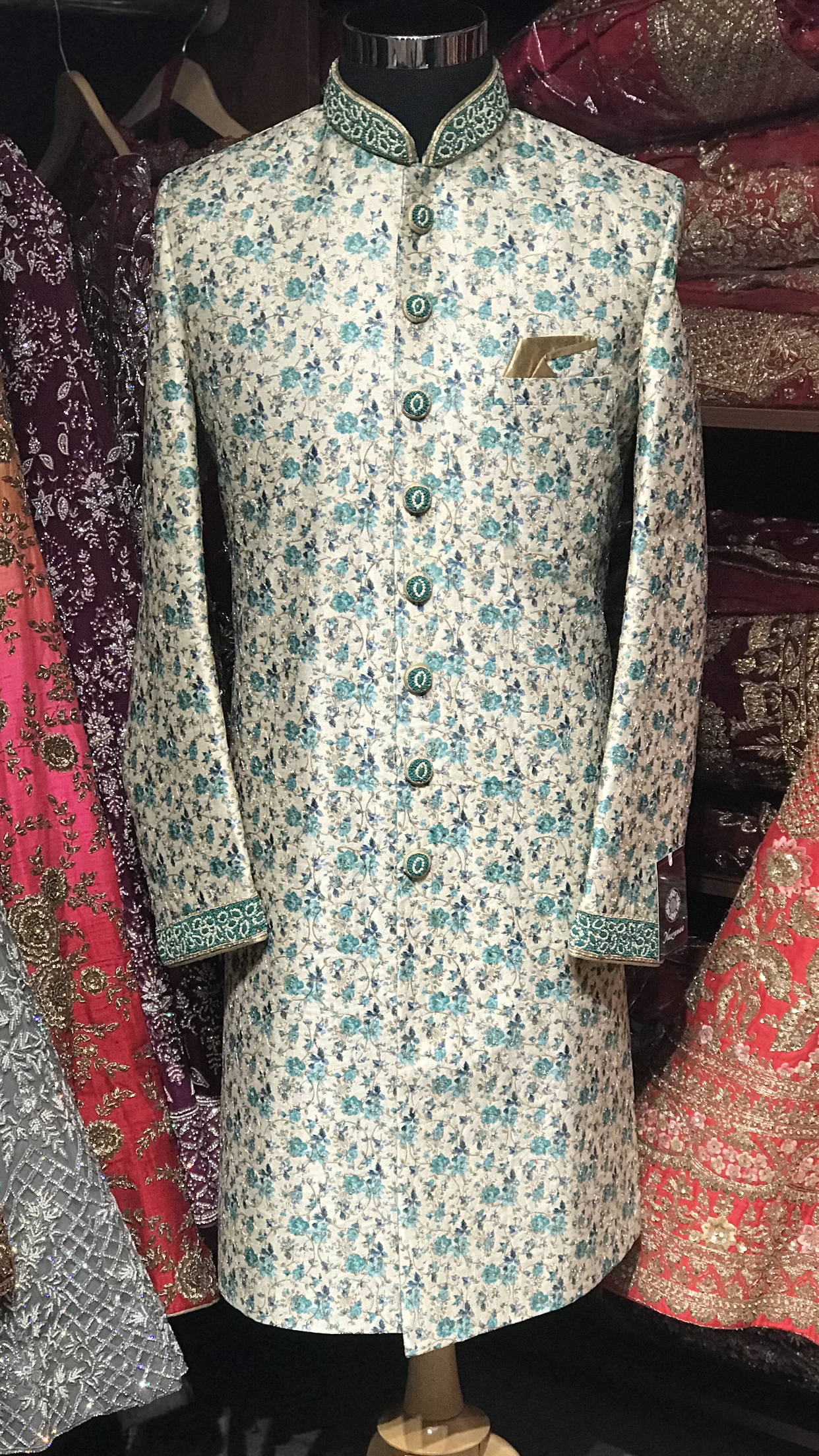 Ivory Teal Floral Print Sherwani