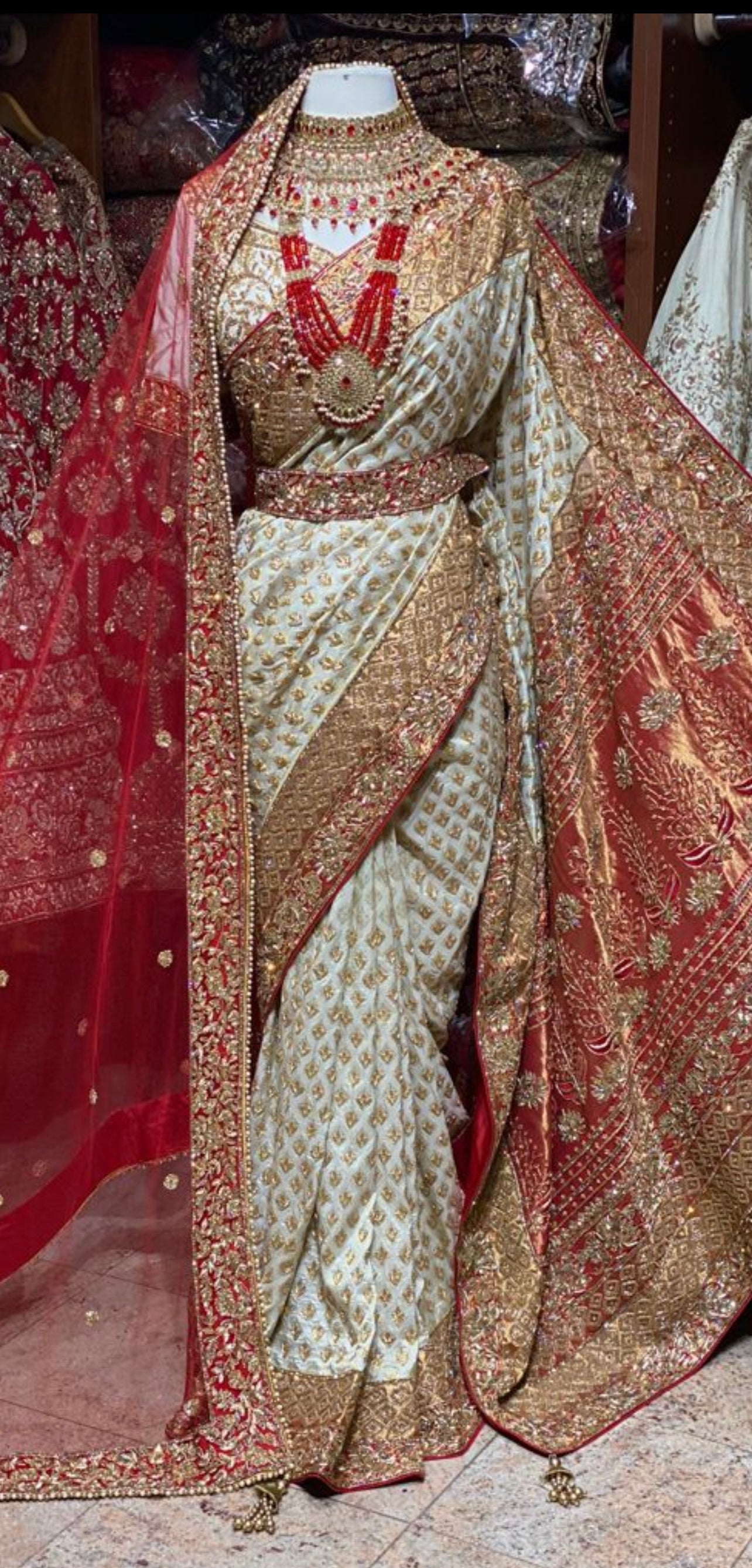 Ivory with Red Pure Silk Banarasi Bridal Saree BBS-011