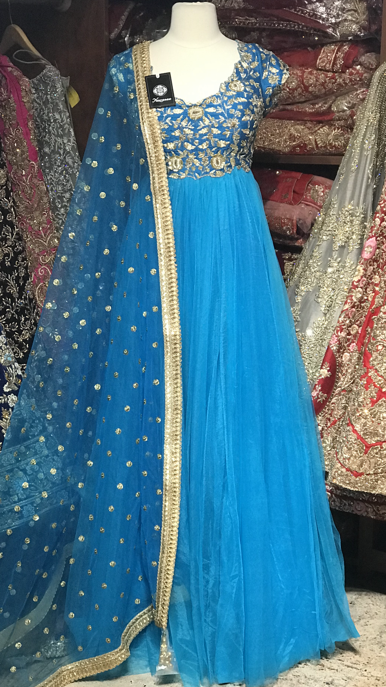 Bright Blue Size 38 Pleated Anarkali