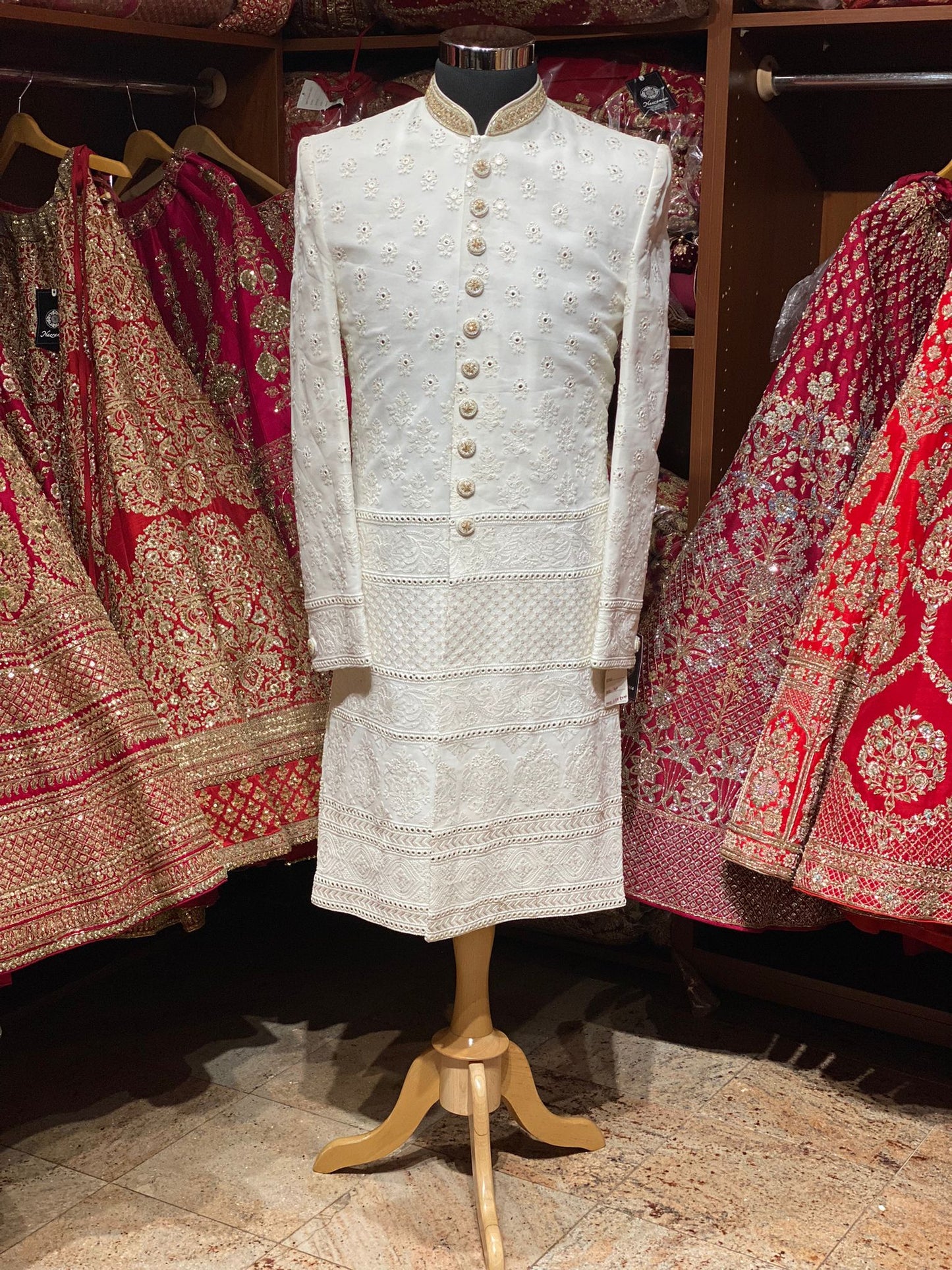 Pearl White Designer Lucknowi Embroidered Sherwani