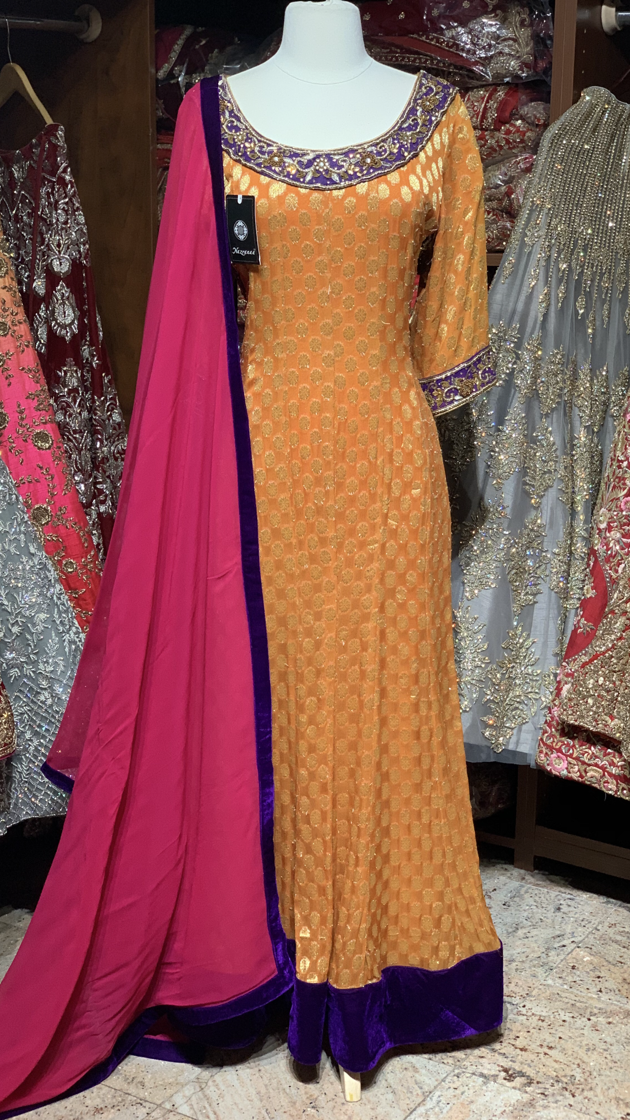 Orange XXL Georgette Brocade Anarkali