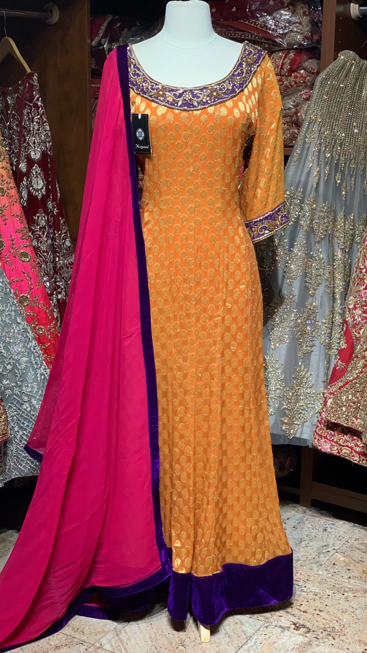 Orange XXL Georgette Brocade Anarkali