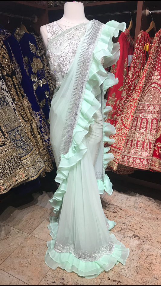 Mint Ruffle Saree W/ Readymade Blouse