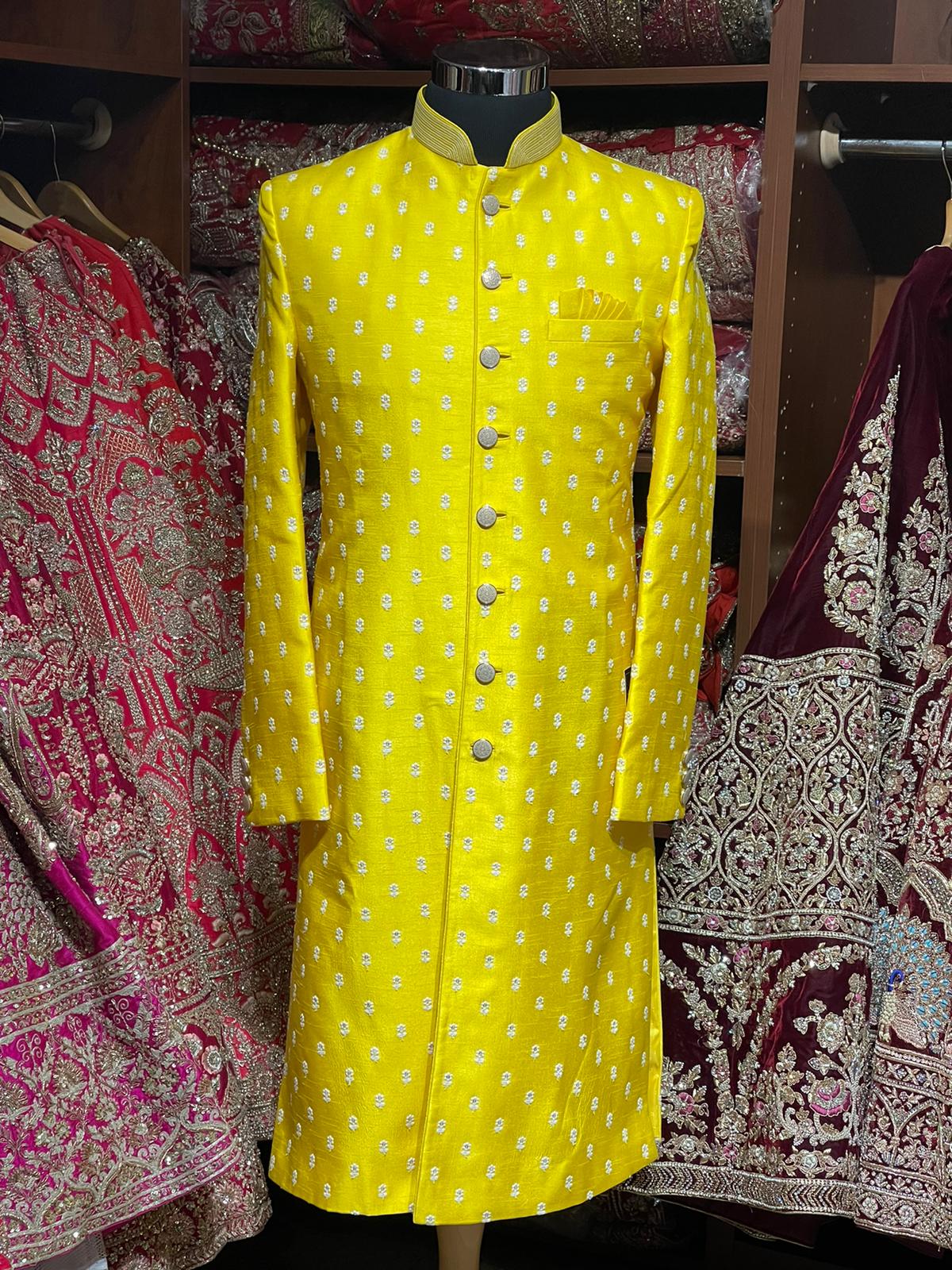 Mustard Yellow Thread Embroidered Sherwani- M1033