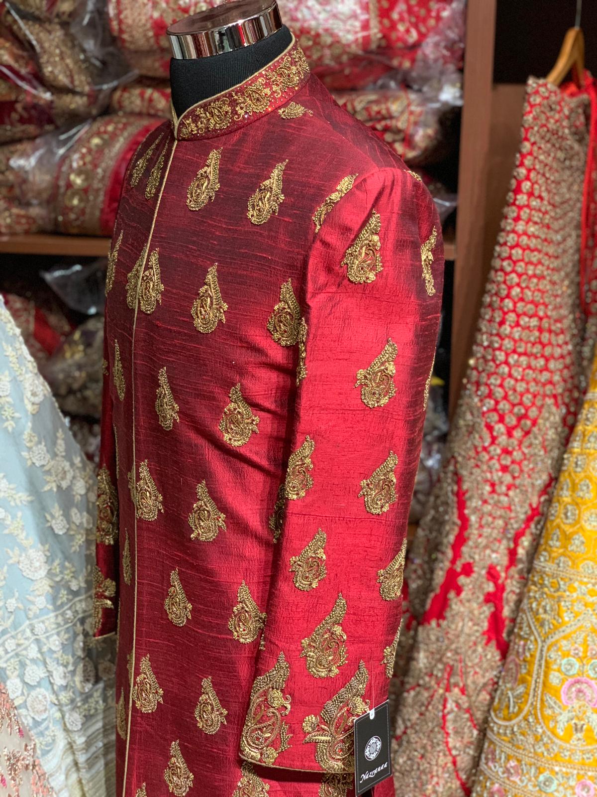 Red Raw Silk Size 40 Sherwani