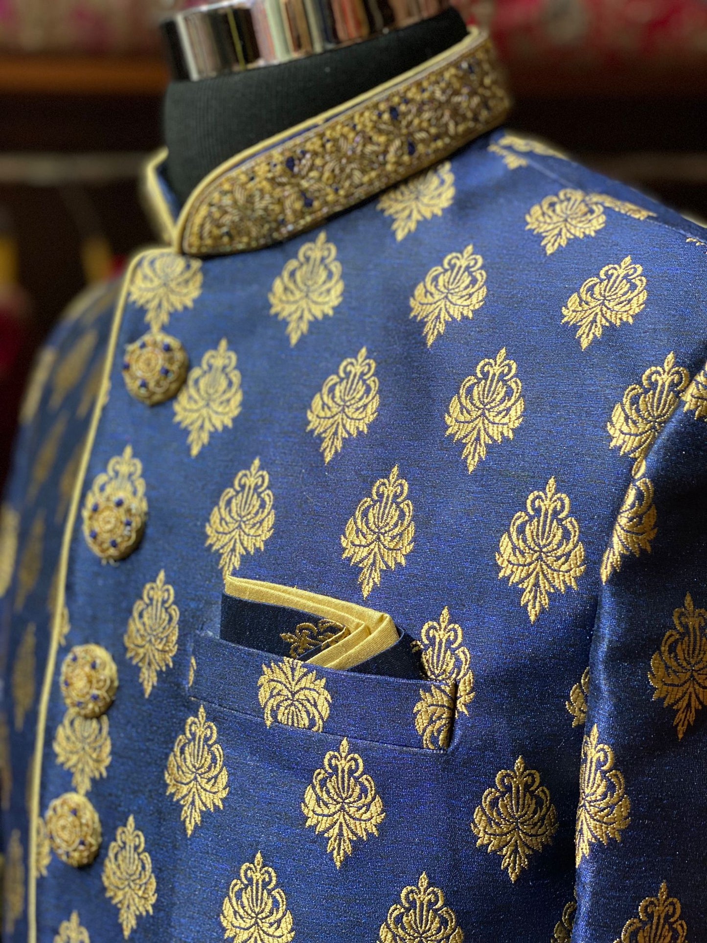 Royal Blue Zari Woven Sherwani- 1194