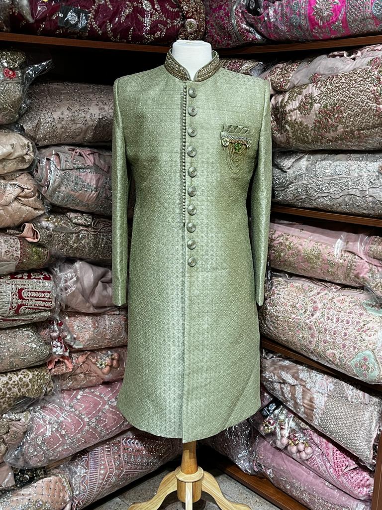 Pine Green Resham Thread Embroidered Sherwani