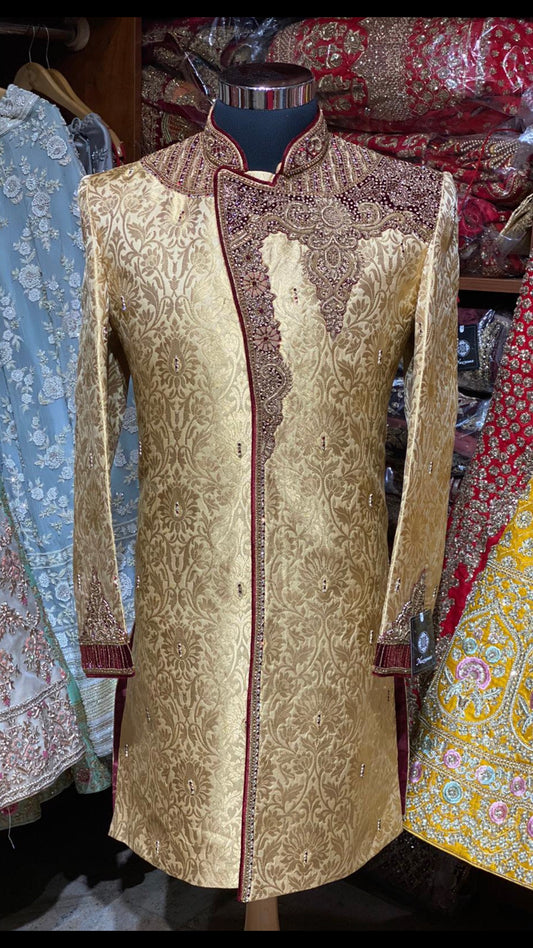 Gold Maroon Size 40 Wedding Sherwani