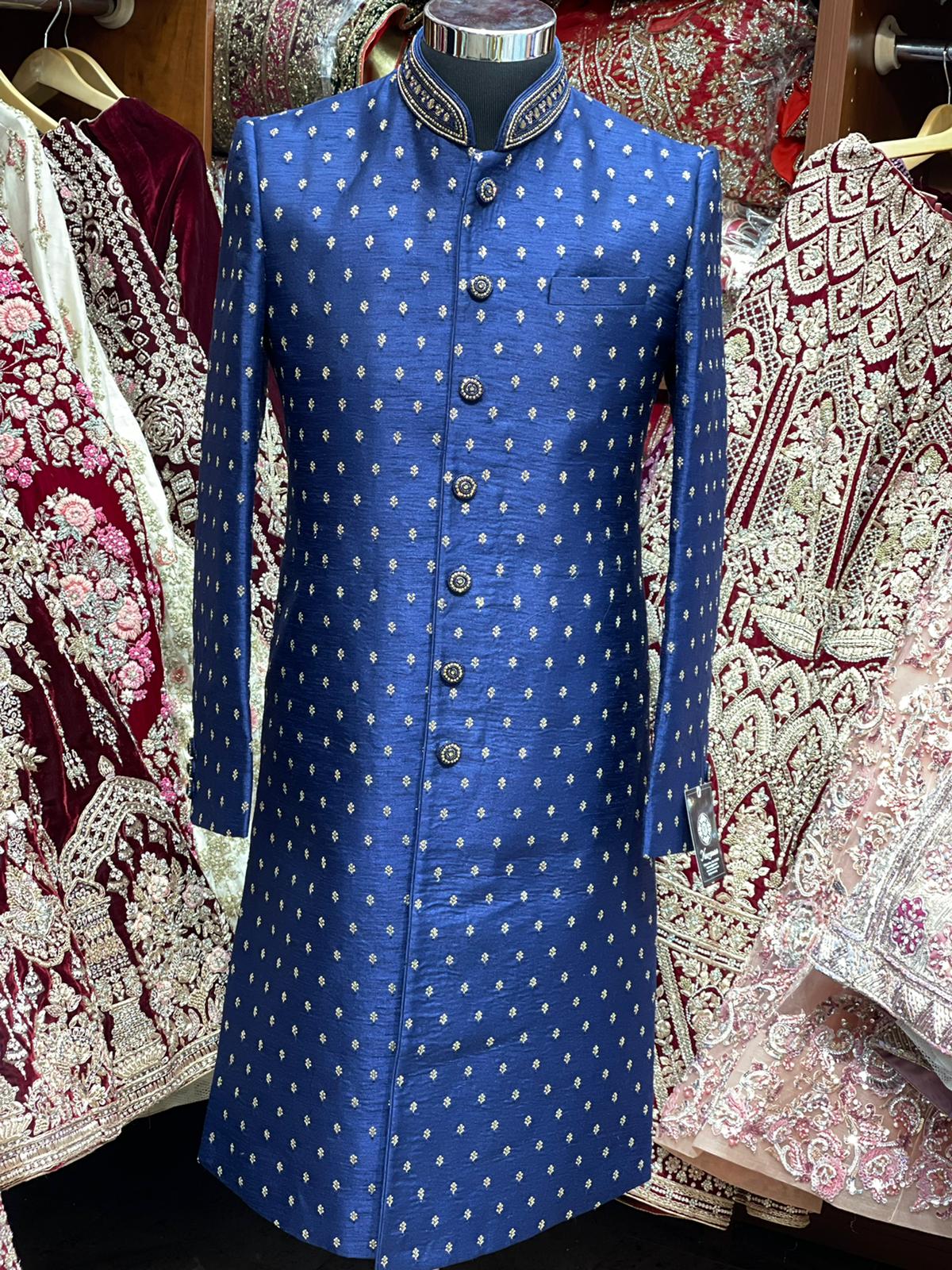 Regal Blue Resham Thread Embroidered Sherwani-P10-S38