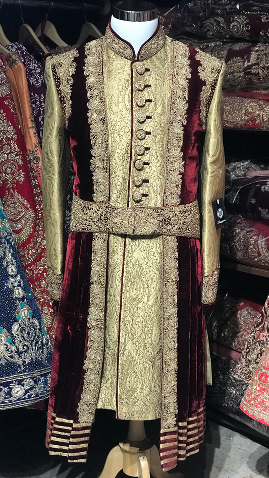 Gold & Burgundy Groom’s Sherwani