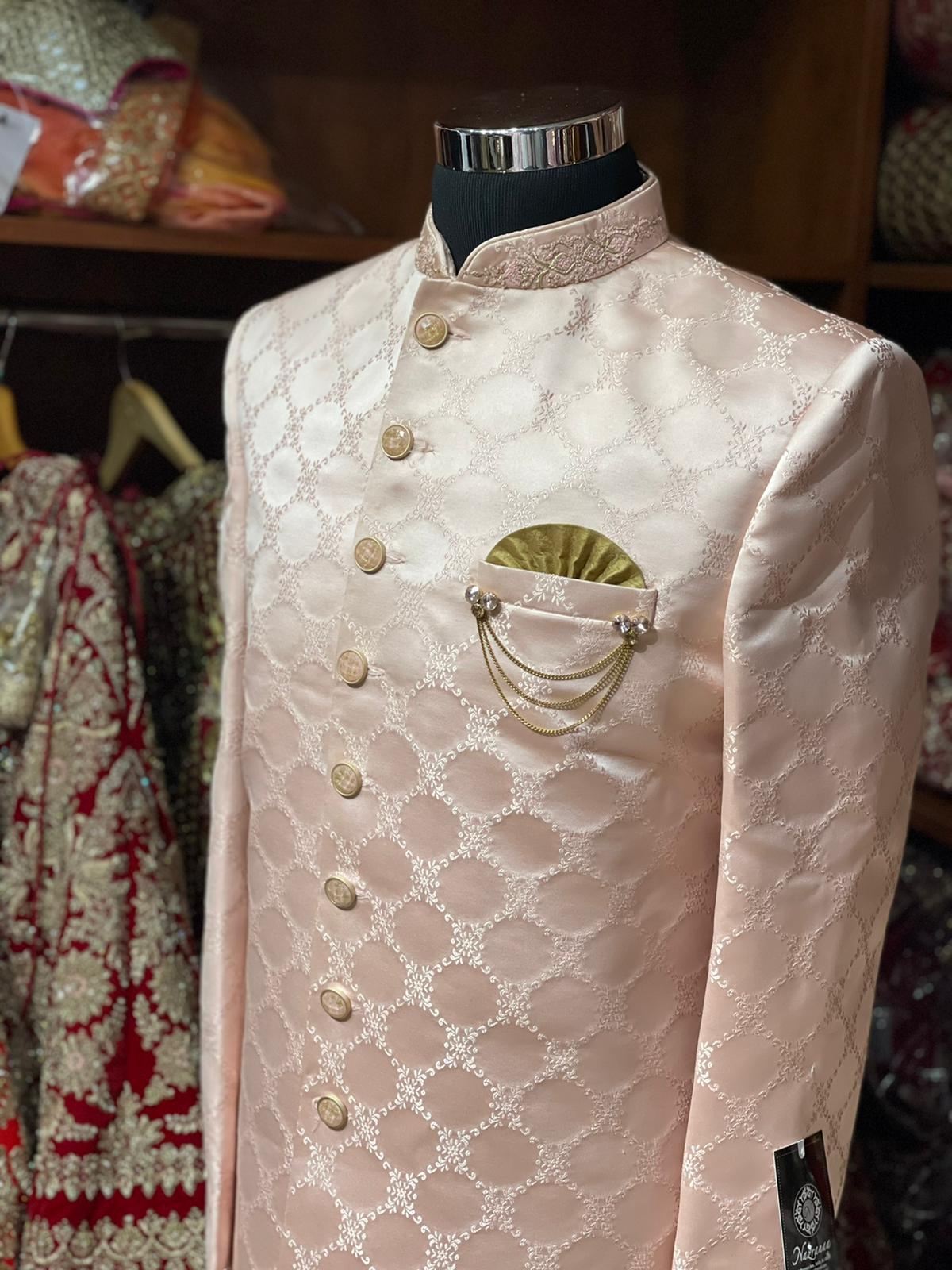 Coral Peach Thread Embroidered Sherwani- 1261