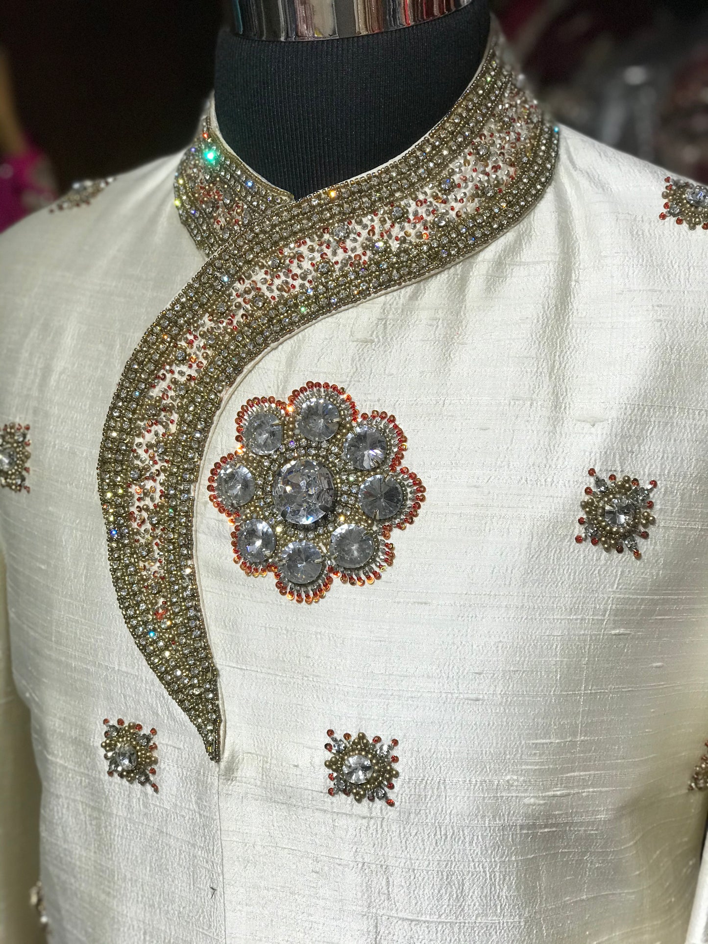 Cream Sherwani W/ Red Accents