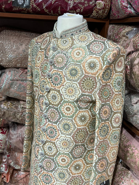 Linen Cream Multi Resham Embroidered Sherwani-S13-71