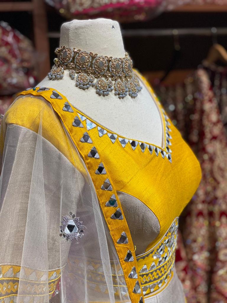 Mustard Yellow & Grey Party Wear Lehenga PWL-092