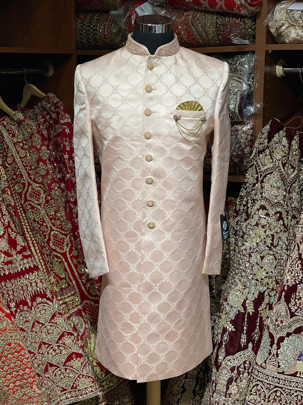 Coral Peach Thread Embroidered Sherwani- 1261