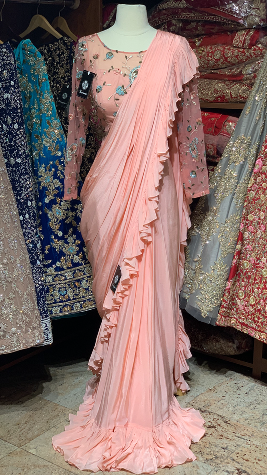 Blush Pre-Stitched Ruffle Saree W/ Readymade Blouse PSS-7