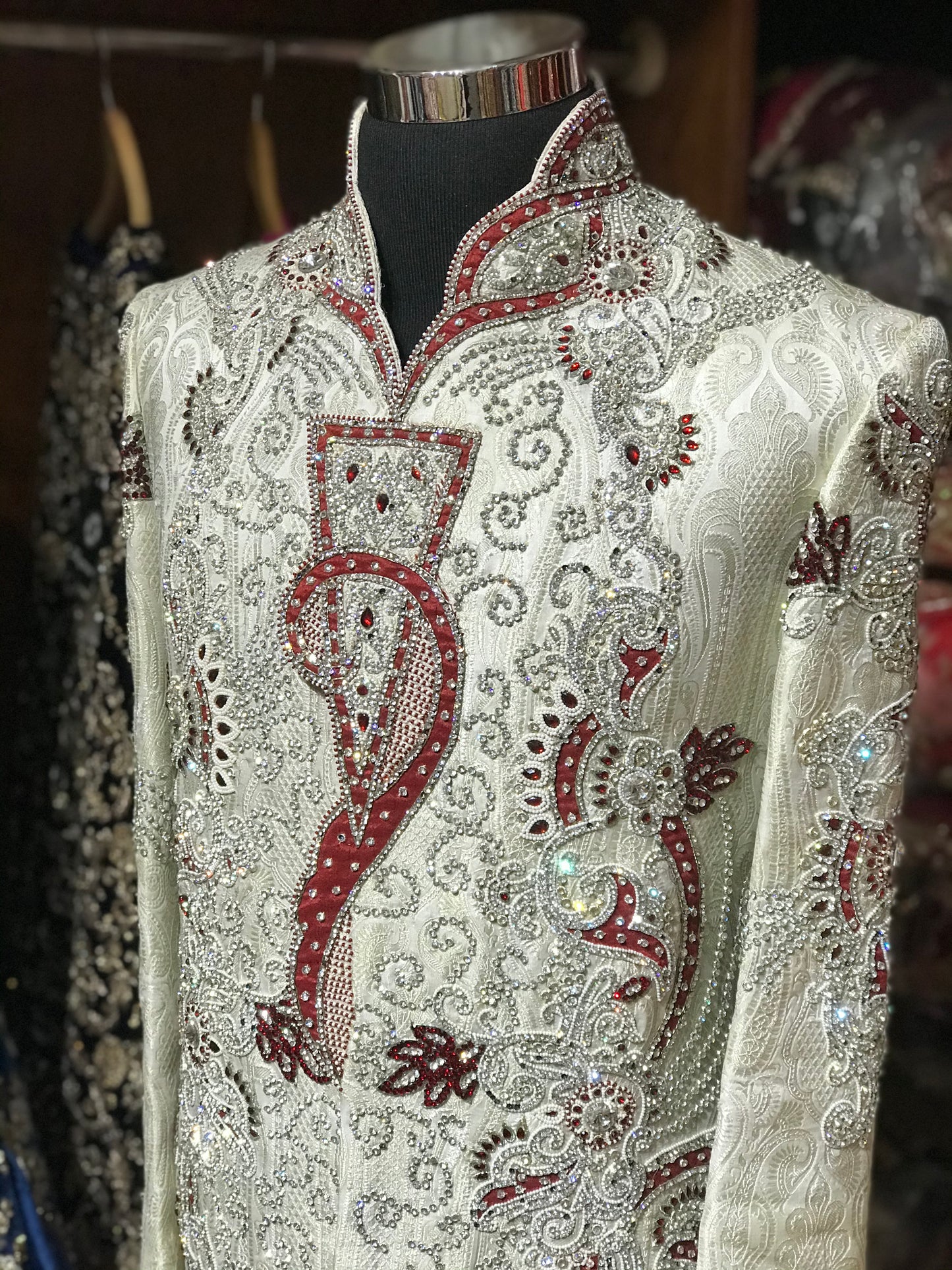 Cream Heavy Sherwani W/ Red Accents