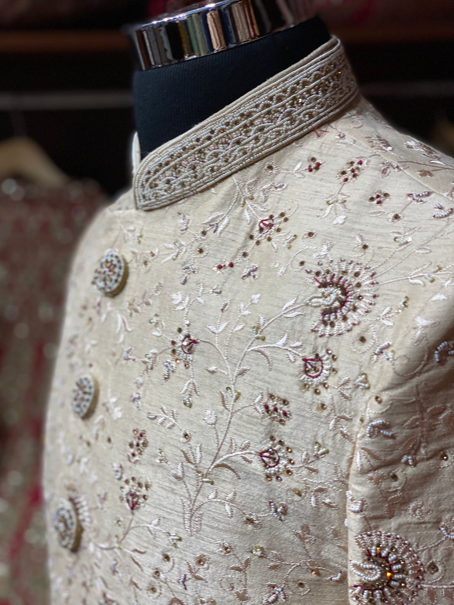 Beige Cream Thread Embroidered Sherwani-6170-A