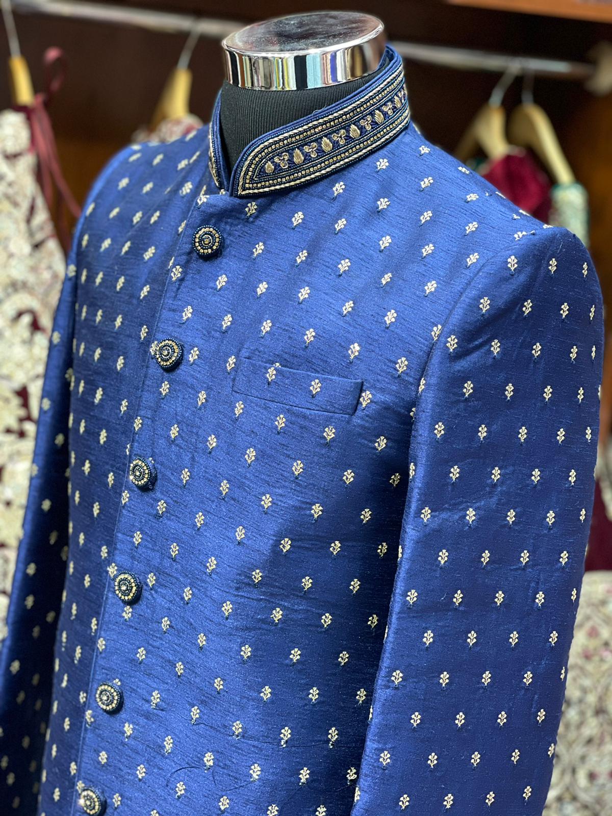 Regal Blue Resham Thread Embroidered Sherwani-P10-S38