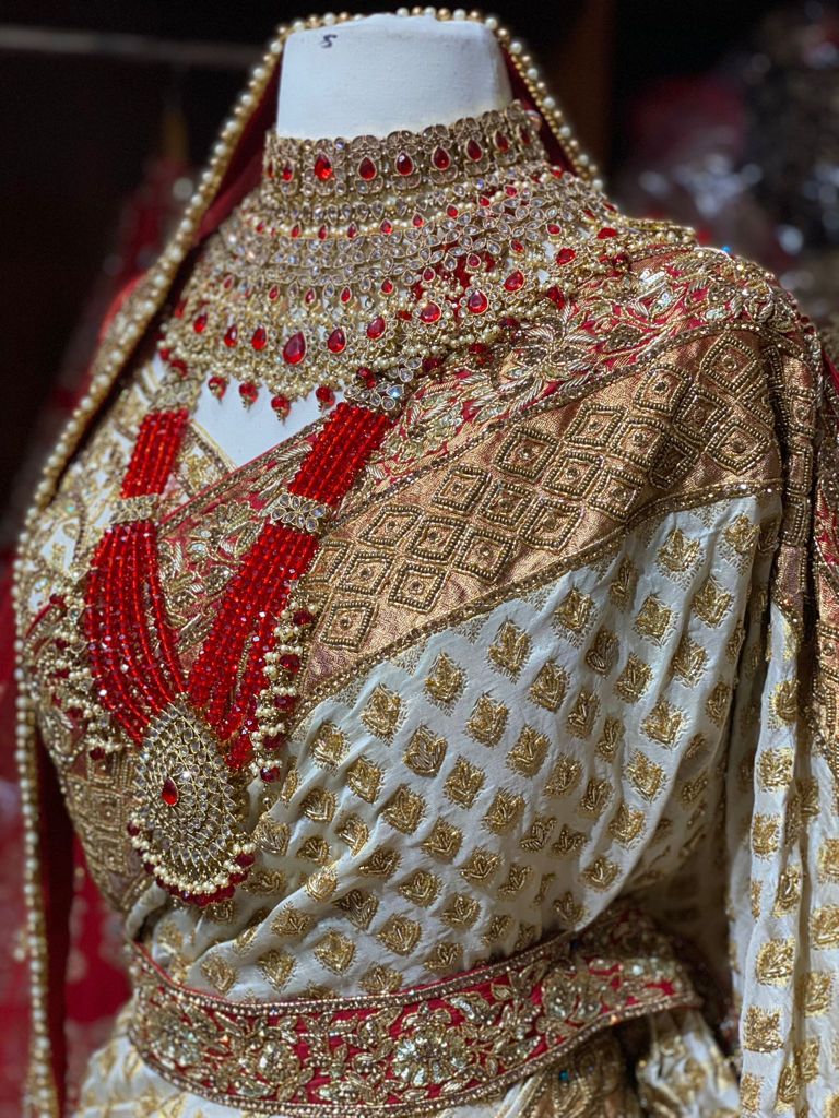 Ivory with Red Pure Silk Banarasi Bridal Saree BBS-011