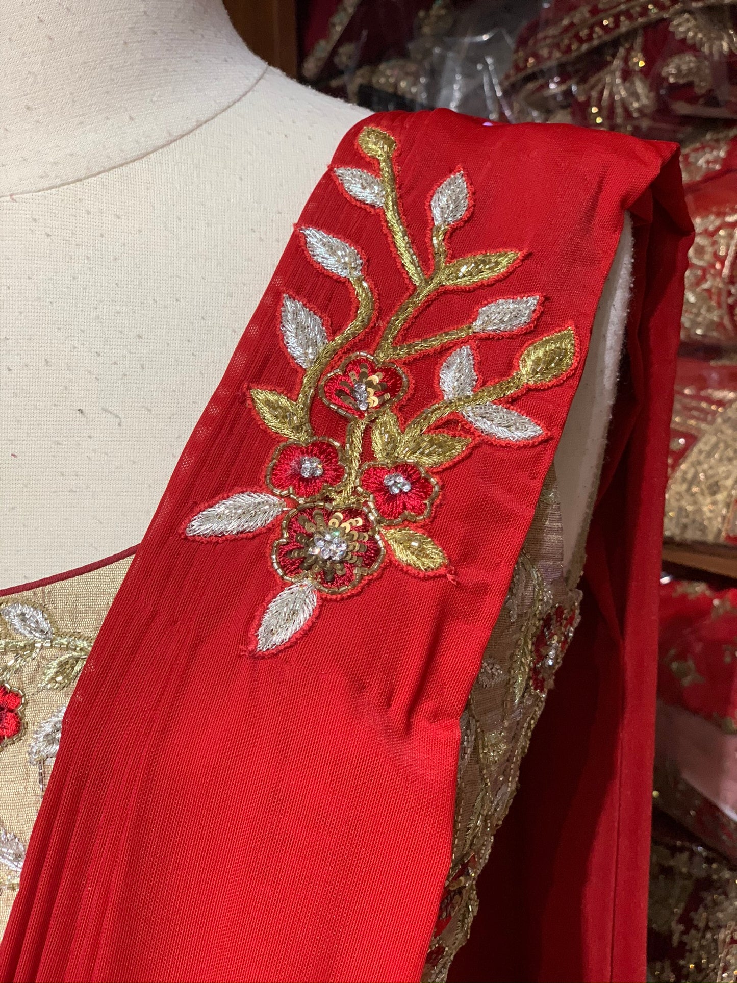 Red Pre-Stitched Saree W/ Readymade Blouse