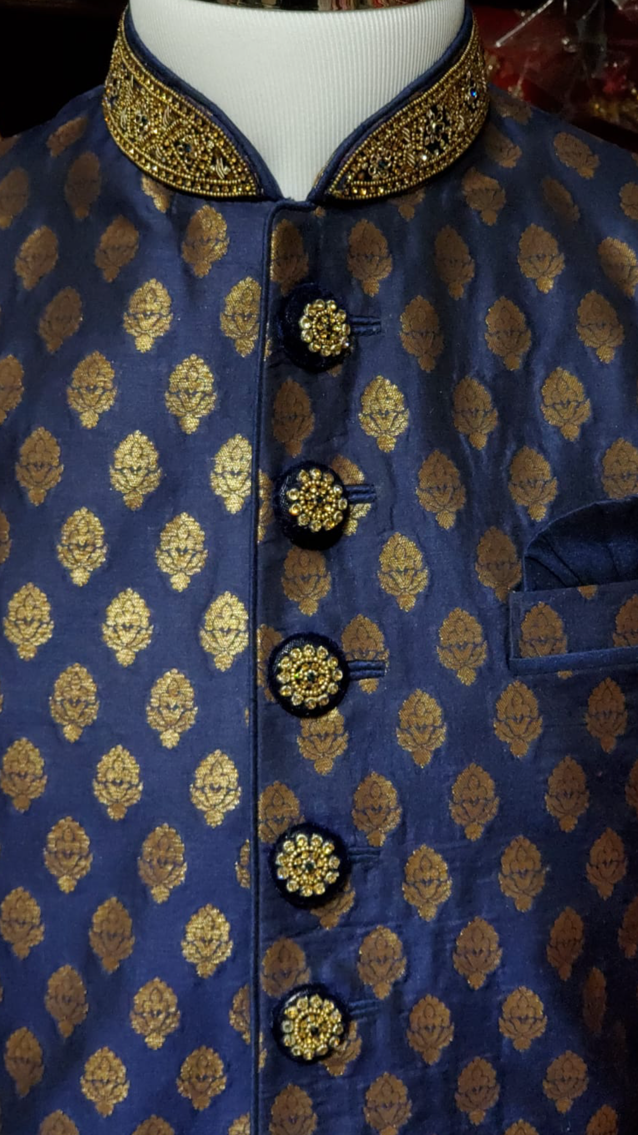 Navy Blue Brocade Sherwani