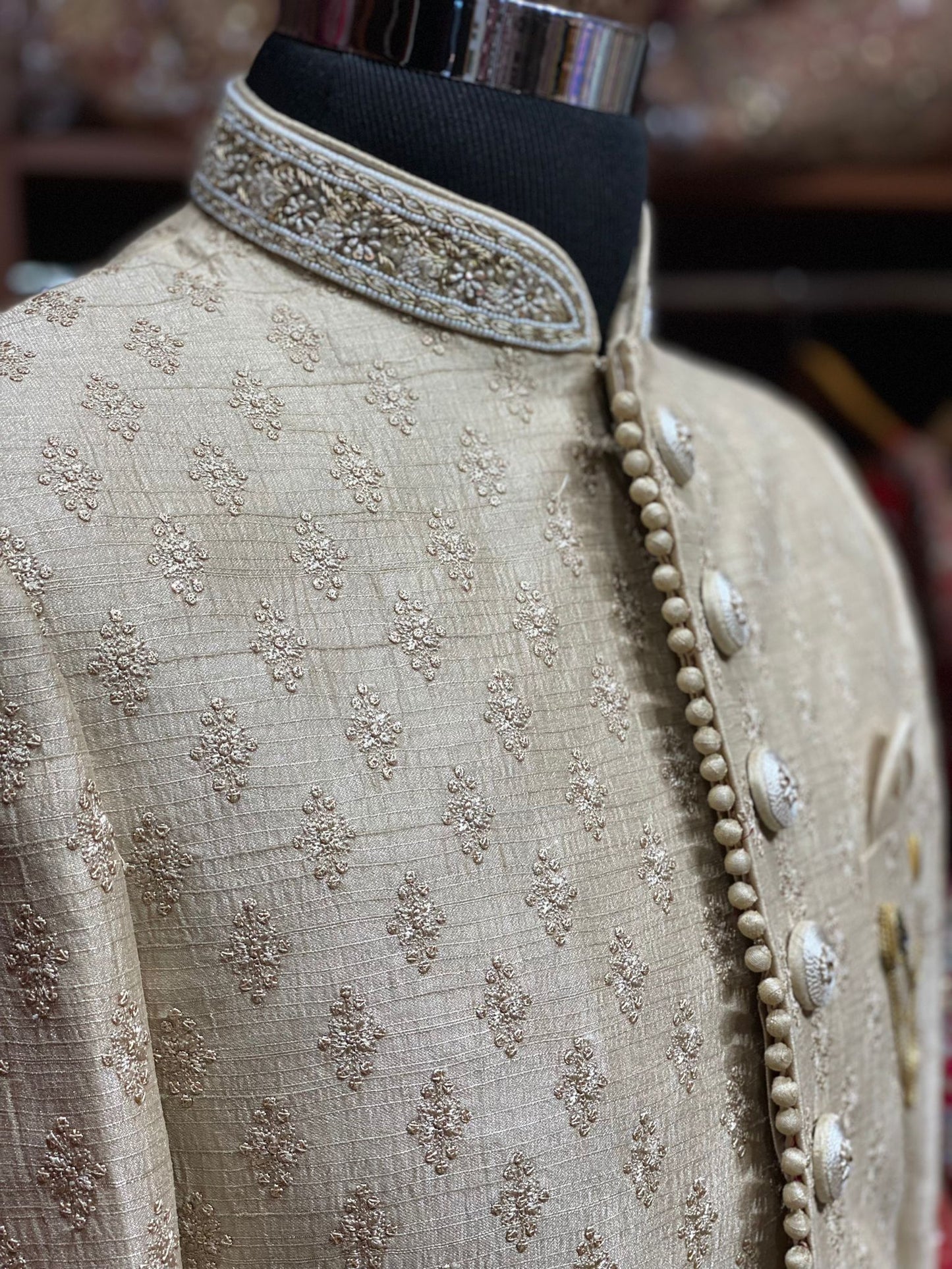 Beige Cream Thread Embroidered Sherwani- 1188