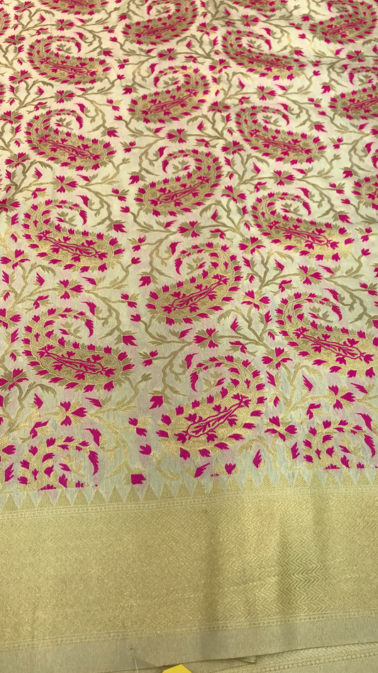 Cream Pink Art Banarasi Saree