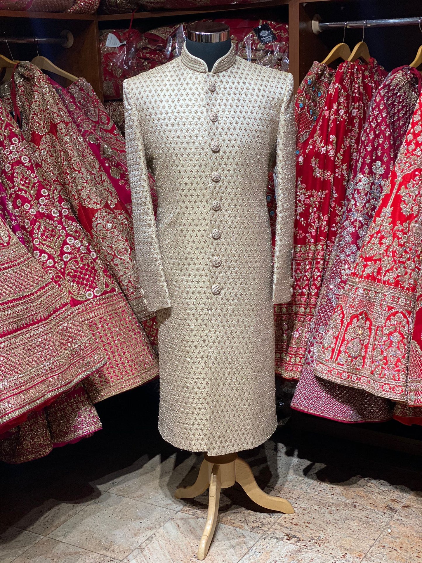 Cream Zardosi Embroidered Silk Wedding Sherwani