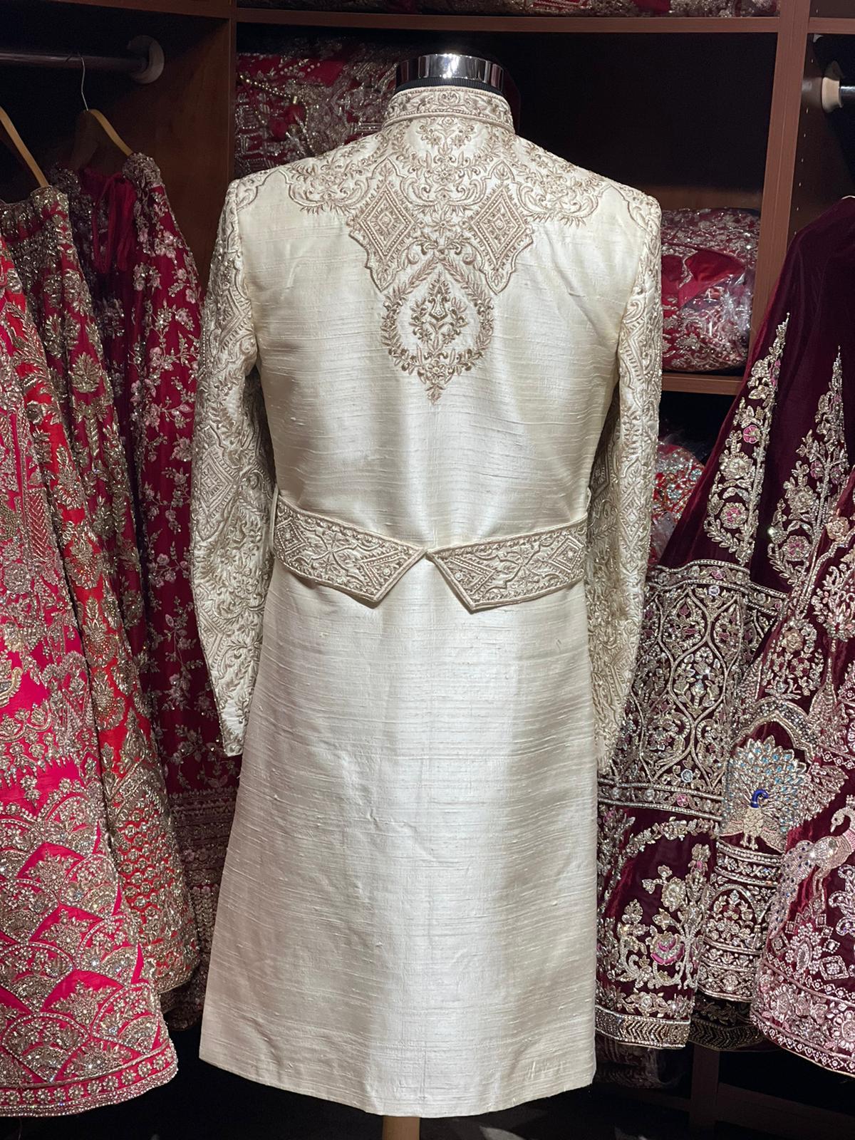 Cream Resham Embroidered Royal Sherwani- 921