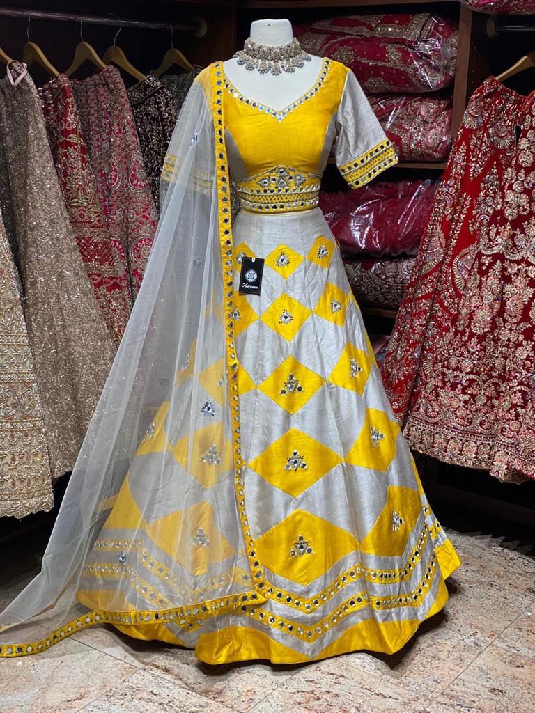 Mustard Yellow & Grey Party Wear Lehenga PWL-092